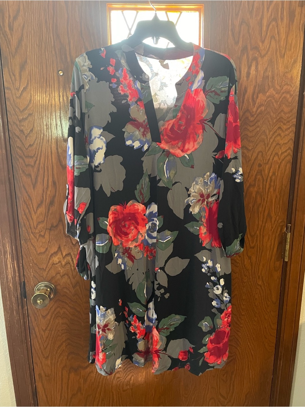 Honeyme Black Tunic Dress with Red Rose Floral Print
